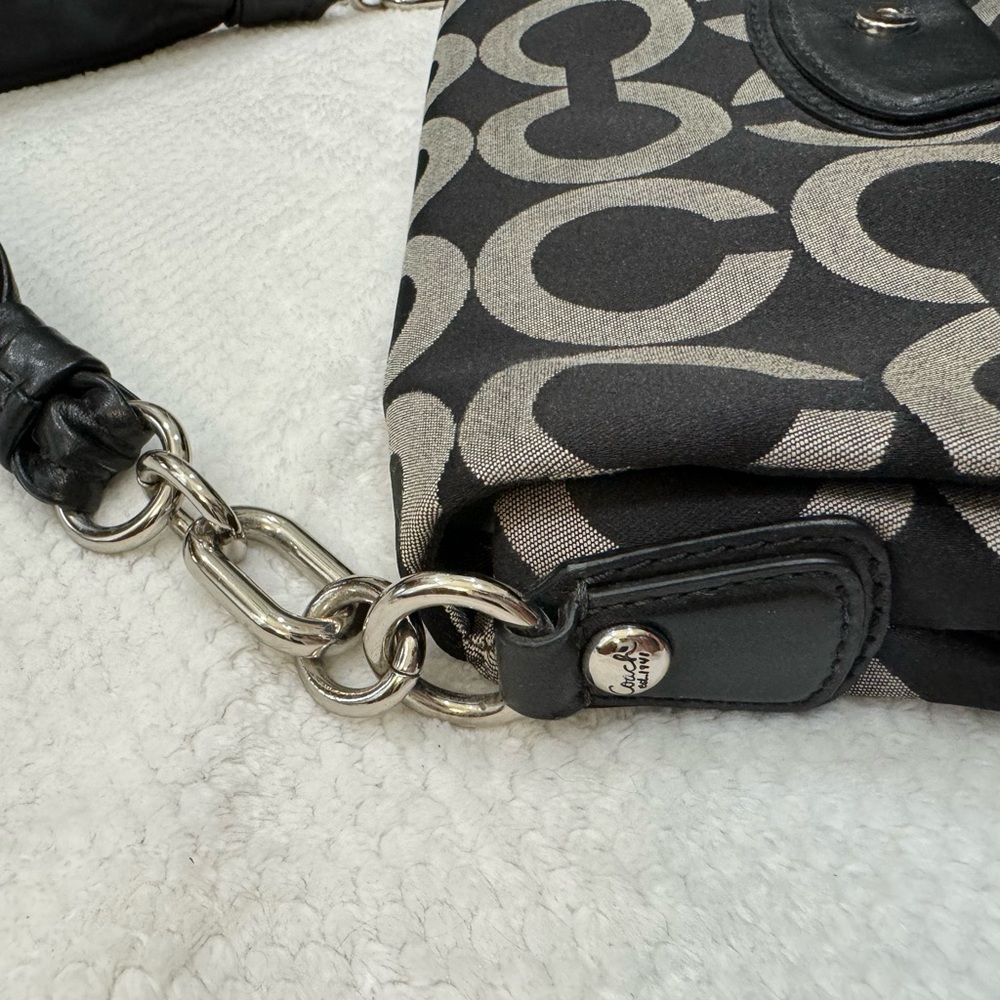 Coach Black/Gray Kristin Op Art Signature Flap Sateen Leather Shoulder Bag - Picture 7 of 14